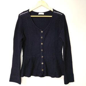 Cream Brand Black Medium Long Sleeve Waffle Textured Peplam Cardigan Sweater